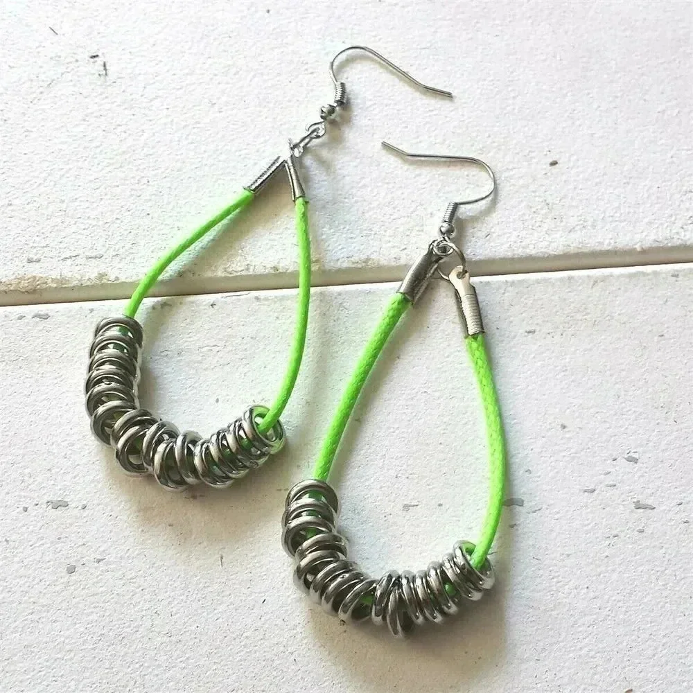 Artisan Neon Green Long Polyester Cord Silver Tone Rings Dangle Hoop Earrings